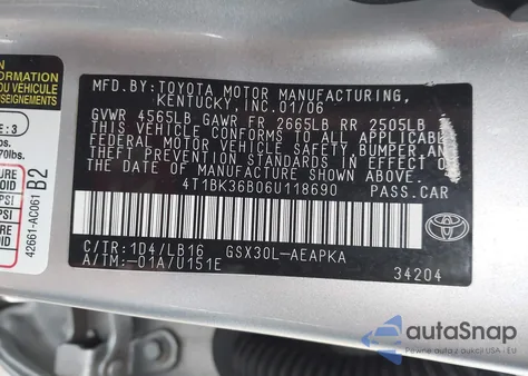 2006 Toyota Avalon Limited from USA, damaged, VIN 4T1BK36B06U118690